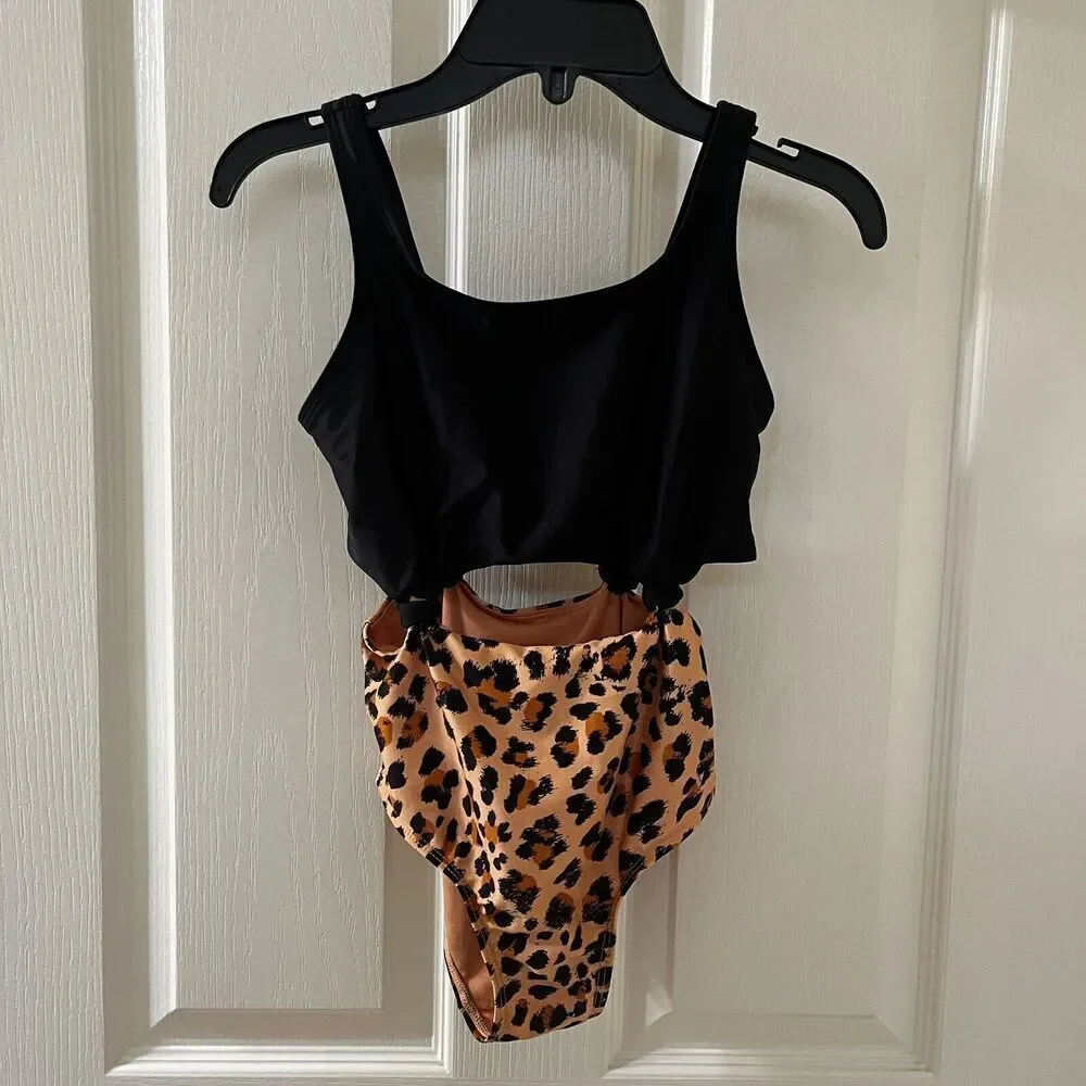 Art Class Black Leopard Print One Piece Swimsuit Girls Size Medium 7-8